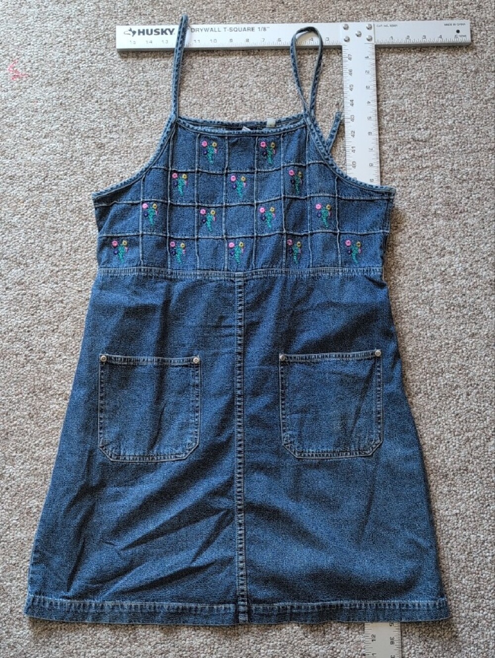 Vintage Denim Pinafore Dress with Embroidered Floral Bodice - Blue